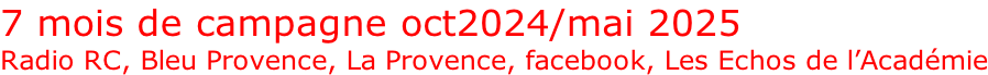 7 mois de campagne oct2024/mai 2025 Radio RC, Bleu Provence, La Provence, facebook, Les Echos de l’Académie