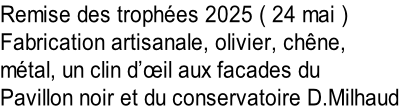 Remise des trophées 2025 ( 24 mai ) Fabrication artisanale, olivier, chêne,  métal, un clin d’œil aux facades du  Pavillon noir et du conservatoire D.Milhaud